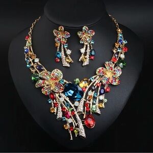 Multicolor Floral Statement Necklace and Earring Set.